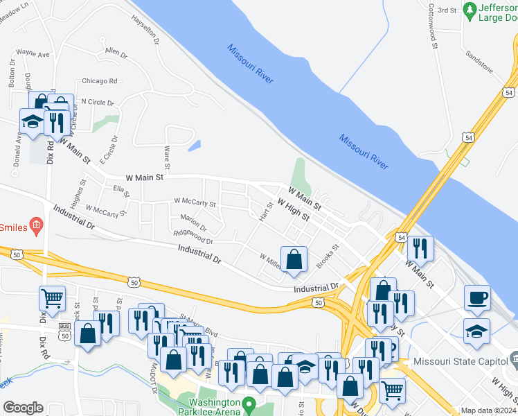 map of restaurants, bars, coffee shops, grocery stores, and more near 206 Hart Street in Jefferson City