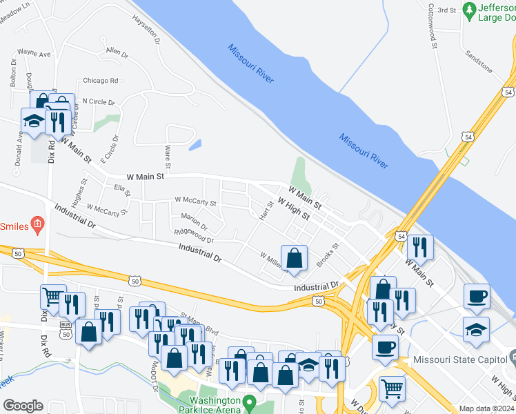 map of restaurants, bars, coffee shops, grocery stores, and more near 107 Havana Street in Jefferson City