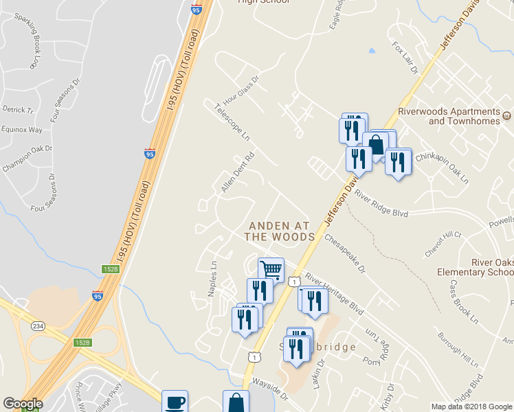 map of restaurants, bars, coffee shops, grocery stores, and more near 16907 Toms River Loop in Dumfries