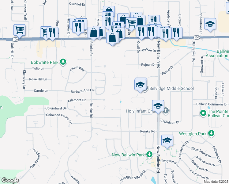 map of restaurants, bars, coffee shops, grocery stores, and more near 712 Wren Path Court in Ellisville