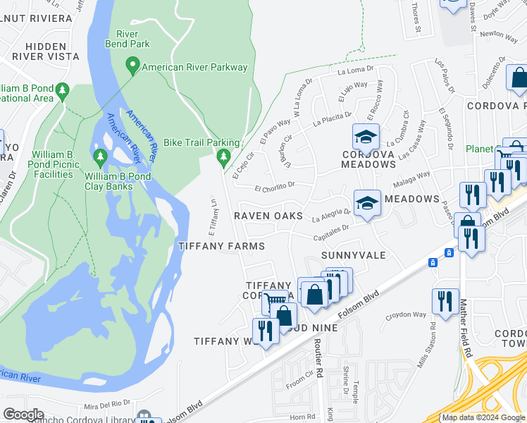 map of restaurants, bars, coffee shops, grocery stores, and more near 10028 River Mist Way in Rancho Cordova