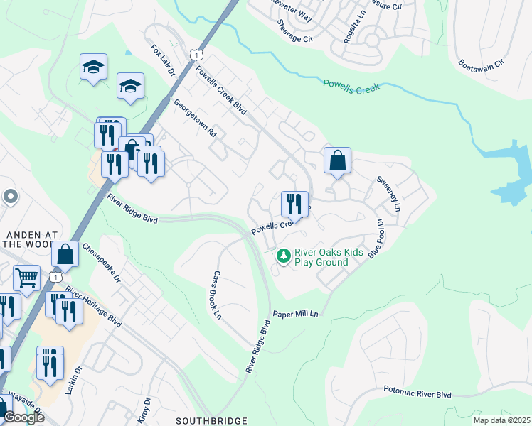 map of restaurants, bars, coffee shops, grocery stores, and more near 16864 Winston Lane in Woodbridge