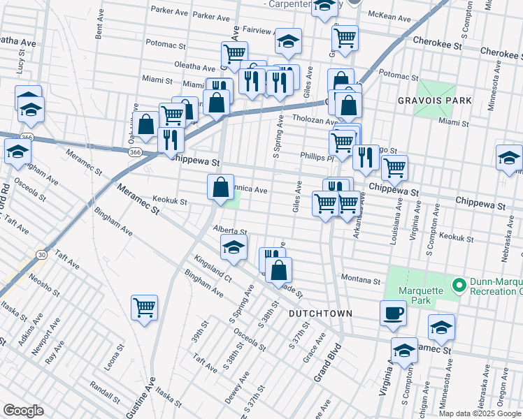 map of restaurants, bars, coffee shops, grocery stores, and more near 3755 Keokuk Street in St. Louis