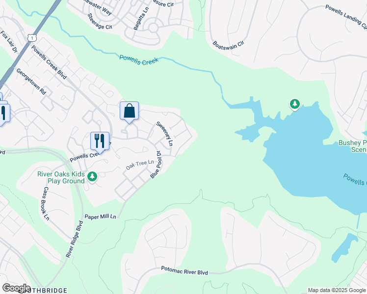 map of restaurants, bars, coffee shops, grocery stores, and more near 16569 Bramblewood Lane in Woodbridge