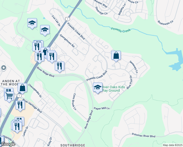 map of restaurants, bars, coffee shops, grocery stores, and more near 16864 Winston Lane in Woodbridge