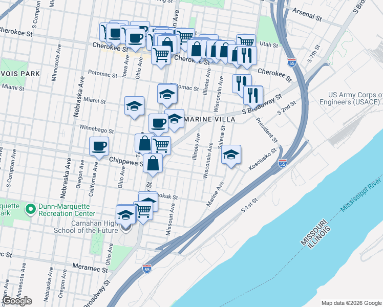 map of restaurants, bars, coffee shops, grocery stores, and more near 3701 Illinois Avenue in St. Louis