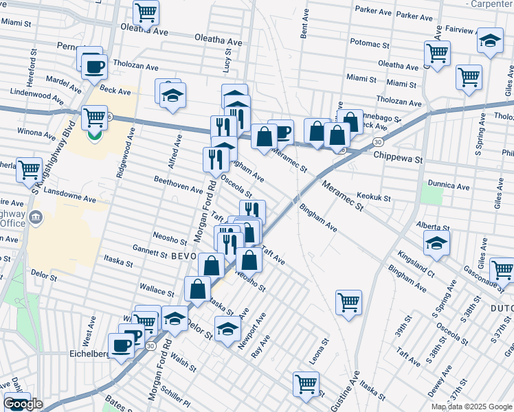 map of restaurants, bars, coffee shops, grocery stores, and more near 4161 Osceola Street in St. Louis