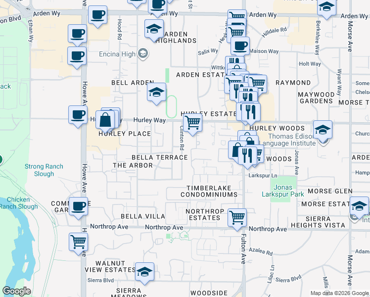 map of restaurants, bars, coffee shops, grocery stores, and more near 1213 Clinton Road in Sacramento