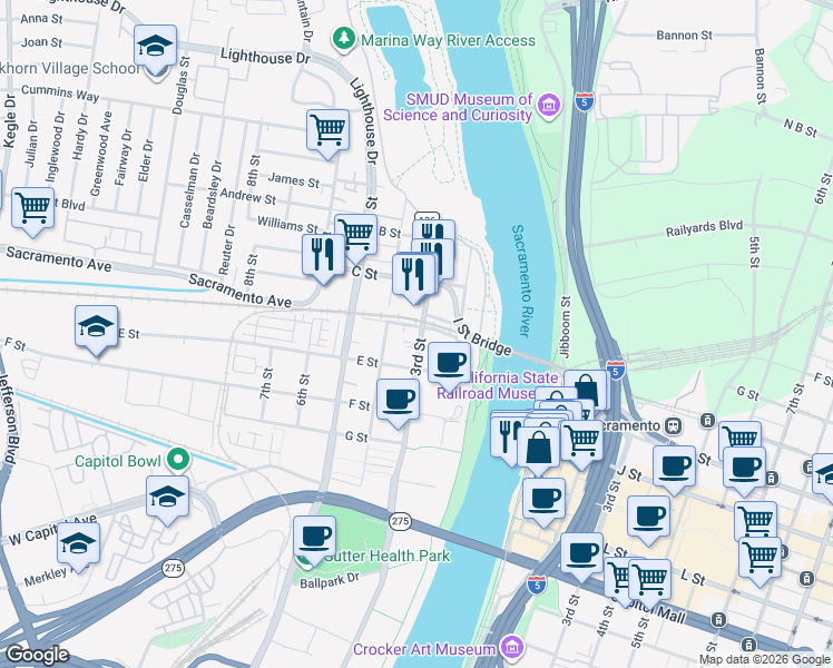 map of restaurants, bars, coffee shops, grocery stores, and more near in West Sacramento