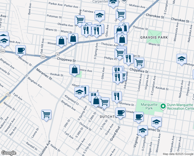 map of restaurants, bars, coffee shops, grocery stores, and more near 3721 Keokuk Street in St. Louis