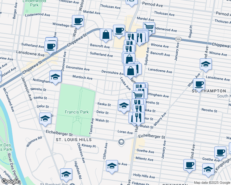 map of restaurants, bars, coffee shops, grocery stores, and more near 6211 Nottingham Avenue in St. Louis