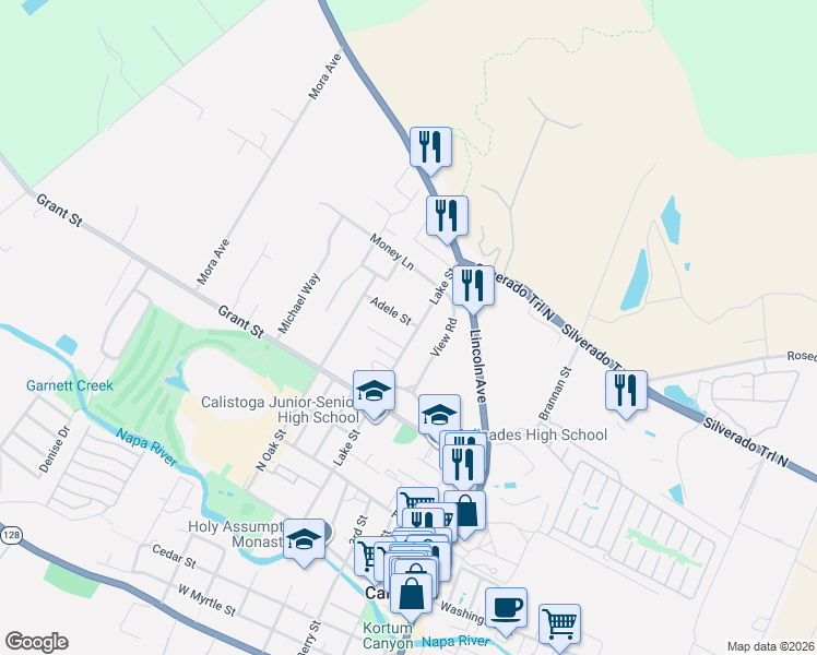 map of restaurants, bars, coffee shops, grocery stores, and more near 1705 Adele Street in Calistoga