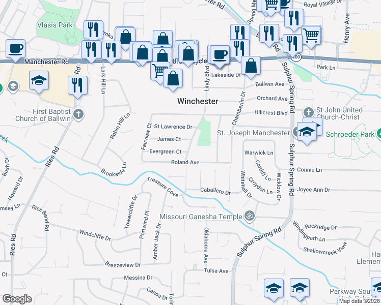map of restaurants, bars, coffee shops, grocery stores, and more near 420 Lindy Boulevard in Ballwin