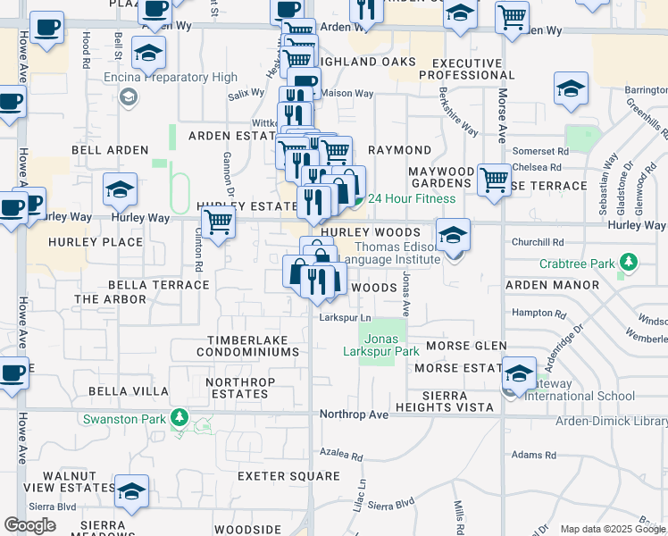 map of restaurants, bars, coffee shops, grocery stores, and more near 2648 Matheson Way in Sacramento
