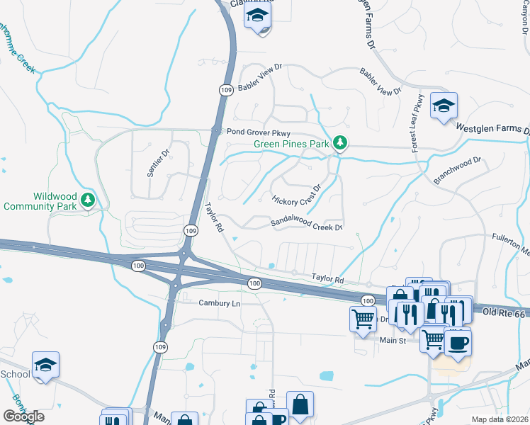 map of restaurants, bars, coffee shops, grocery stores, and more near 40 Hickory Mound Court in Ballwin