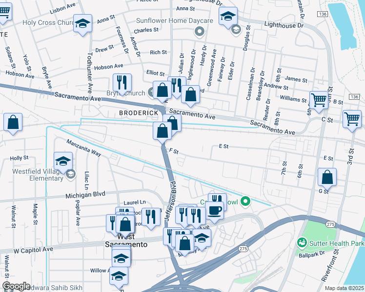 map of restaurants, bars, coffee shops, grocery stores, and more near 970 F St in West Sacramento