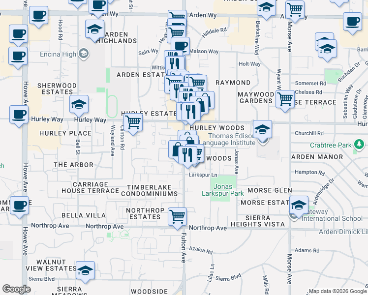 map of restaurants, bars, coffee shops, grocery stores, and more near 1200 Fulton Avenue in Sacramento