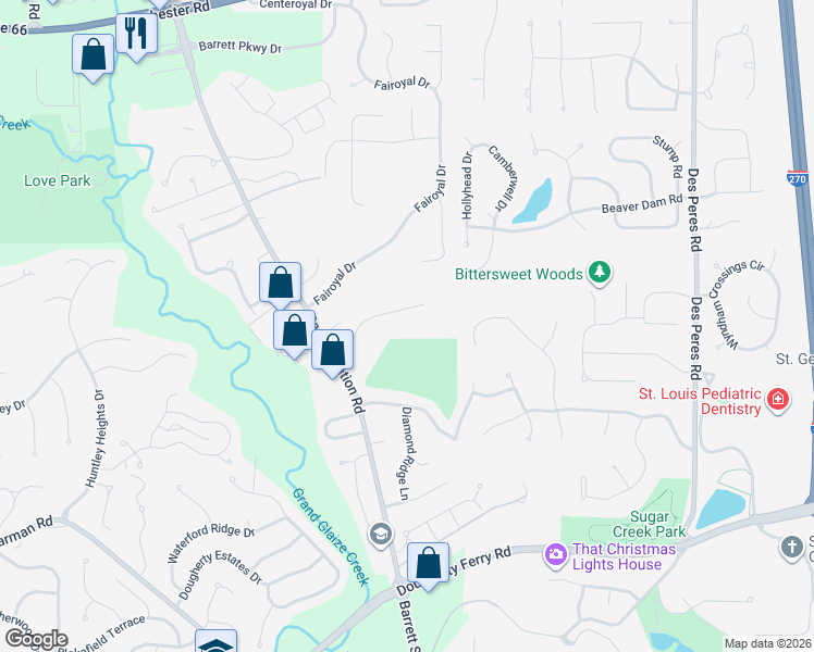 map of restaurants, bars, coffee shops, grocery stores, and more near 6 Barrett Woods Drive in Ballwin