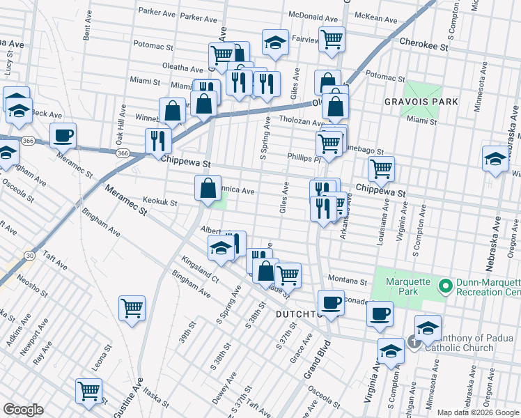 map of restaurants, bars, coffee shops, grocery stores, and more near 3754 Dunnica Avenue in St. Louis