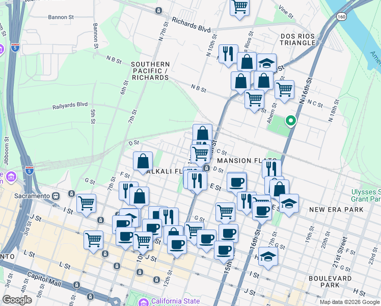 map of restaurants, bars, coffee shops, grocery stores, and more near 308 City Flat Lane in Sacramento
