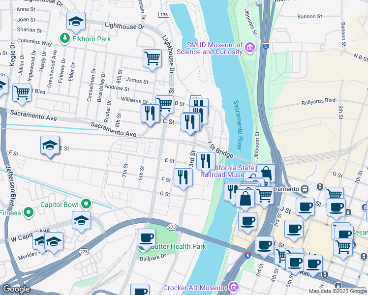 map of restaurants, bars, coffee shops, grocery stores, and more near in West Sacramento