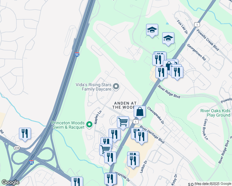 map of restaurants, bars, coffee shops, grocery stores, and more near 16903 Toms River Loop in Dumfries