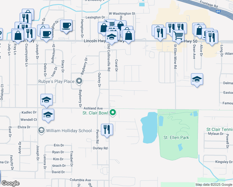 map of restaurants, bars, coffee shops, grocery stores, and more near 100 Autumn Pine Drive in Fairview Heights