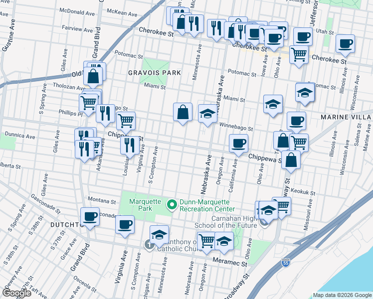 map of restaurants, bars, coffee shops, grocery stores, and more near 3017 Chippewa Street in St. Louis