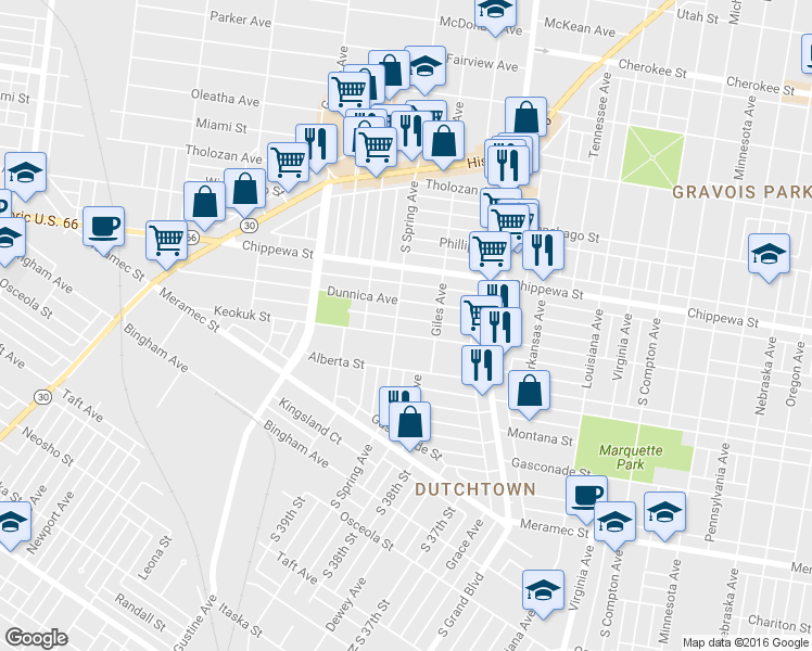 map of restaurants, bars, coffee shops, grocery stores, and more near 3754 Dunnica Avenue in St. Louis