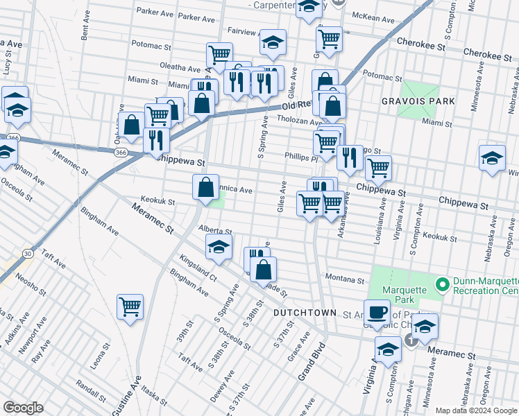 map of restaurants, bars, coffee shops, grocery stores, and more near 3754 Dunnica Avenue in St. Louis