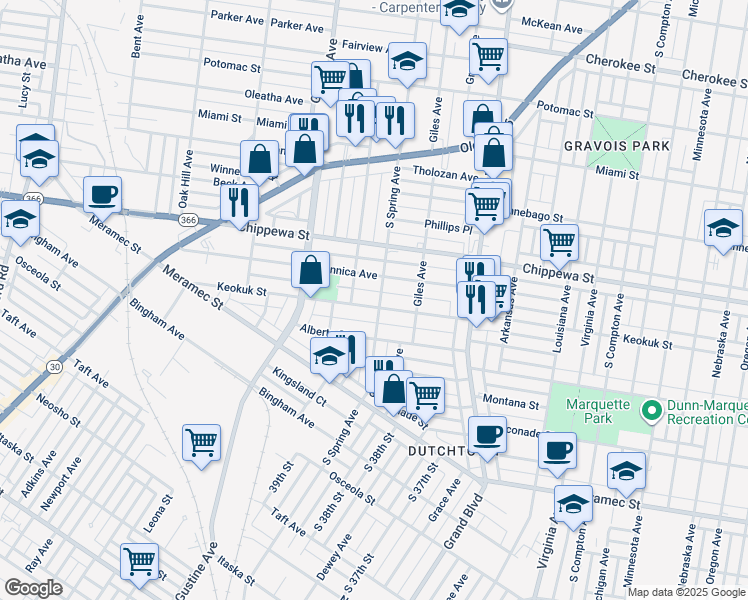 map of restaurants, bars, coffee shops, grocery stores, and more near 3754 Dunnica Avenue in St. Louis
