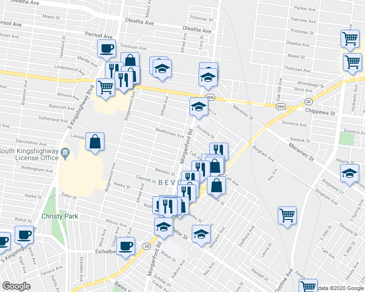 map of restaurants, bars, coffee shops, grocery stores, and more near in St. Louis