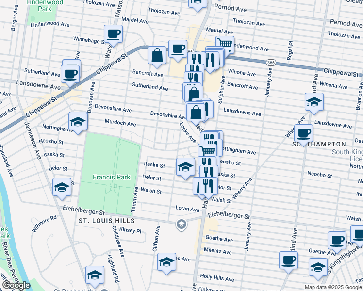 map of restaurants, bars, coffee shops, grocery stores, and more near 4714 Clifton Avenue in St. Louis