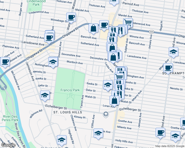 map of restaurants, bars, coffee shops, grocery stores, and more near 4717 Vienna Avenue in St. Louis