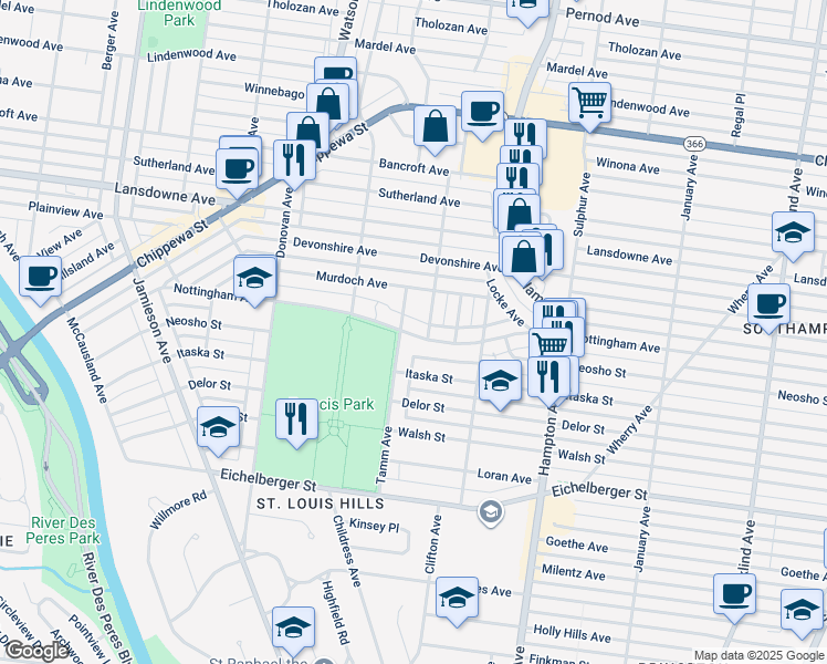 map of restaurants, bars, coffee shops, grocery stores, and more near 4724 Tamm Avenue in St. Louis