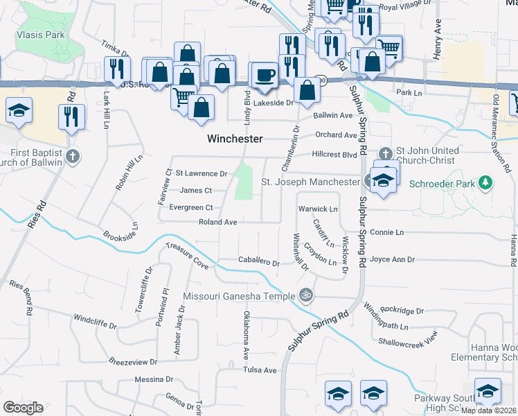 map of restaurants, bars, coffee shops, grocery stores, and more near 441 Rosedale Terrace in Ballwin