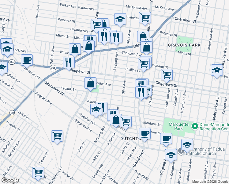 map of restaurants, bars, coffee shops, grocery stores, and more near 3754 Dunnica Avenue in St. Louis