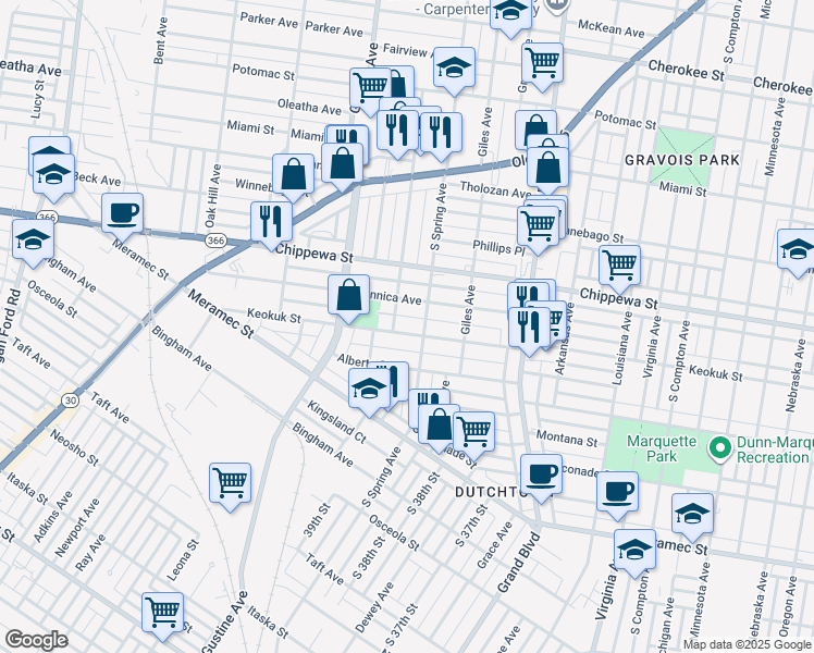 map of restaurants, bars, coffee shops, grocery stores, and more near 3763 Keokuk Street in St. Louis