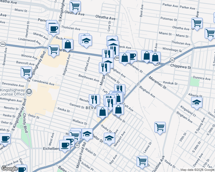 map of restaurants, bars, coffee shops, grocery stores, and more near 4233 Beethoven Avenue in St. Louis