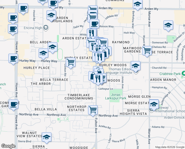 map of restaurants, bars, coffee shops, grocery stores, and more near 1201 Fulton Avenue in Sacramento