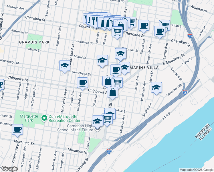 map of restaurants, bars, coffee shops, grocery stores, and more near 3719 Texas Avenue in St. Louis