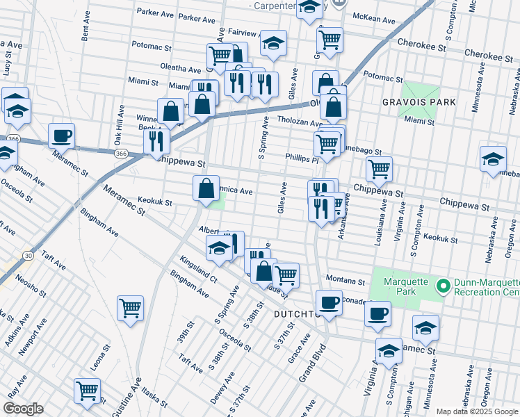map of restaurants, bars, coffee shops, grocery stores, and more near 3862 South Spring Avenue in St. Louis