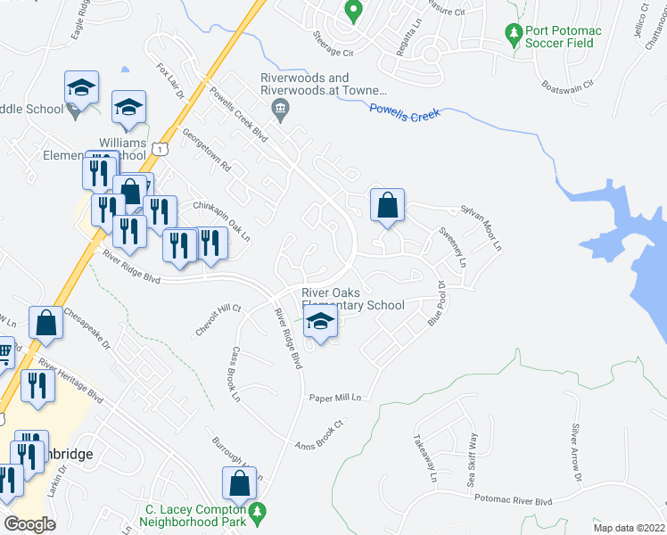 map of restaurants, bars, coffee shops, grocery stores, and more near 2704 Winston Court in Woodbridge