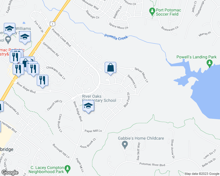 map of restaurants, bars, coffee shops, grocery stores, and more near 2604 Miranda Court in Woodbridge
