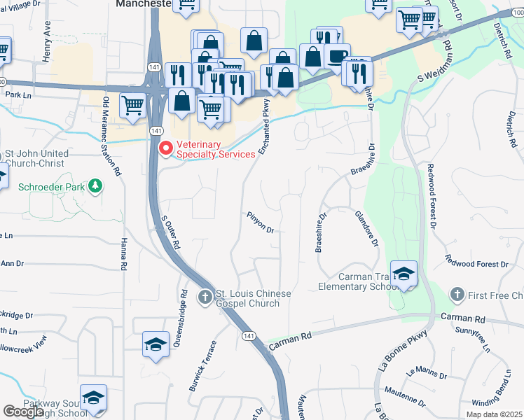map of restaurants, bars, coffee shops, grocery stores, and more near 206 Enchanted Parkway in Ballwin