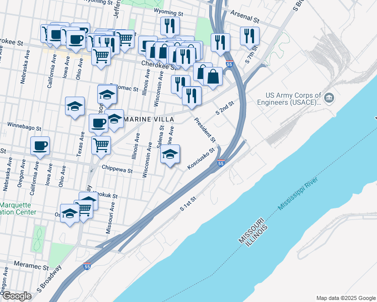 map of restaurants, bars, coffee shops, grocery stores, and more near 111 Winnebago Street in St. Louis