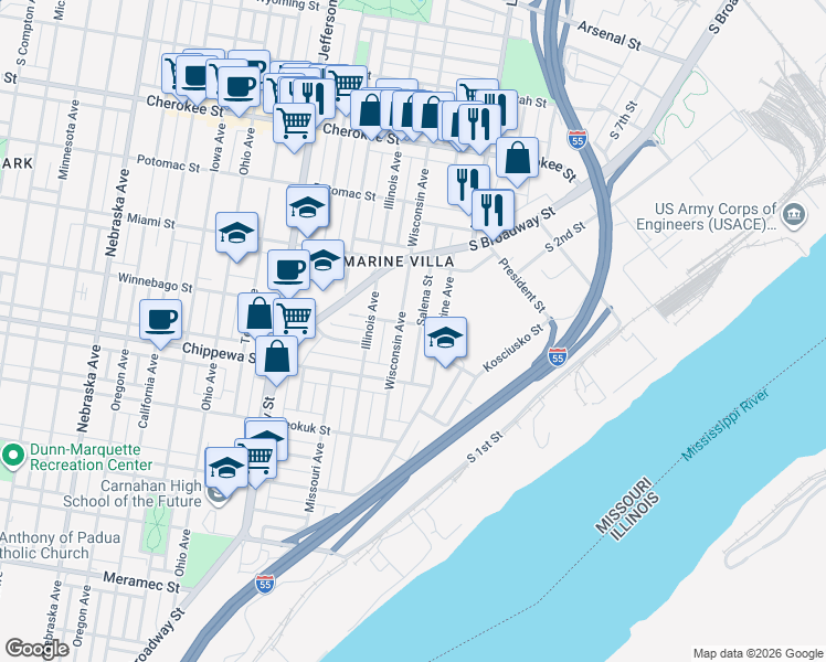 map of restaurants, bars, coffee shops, grocery stores, and more near 3657 Wisconsin Avenue in St. Louis