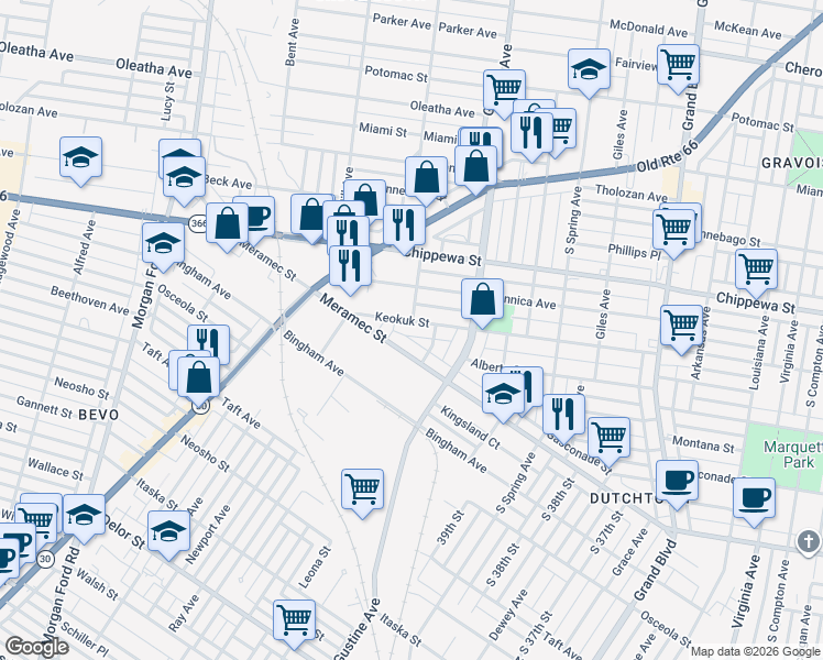 map of restaurants, bars, coffee shops, grocery stores, and more near 3966 Keokuk Street in Saint Louis