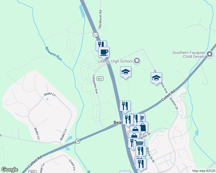 map of restaurants, bars, coffee shops, grocery stores, and more near 10880 Bowers Run Drive in Bealeton
