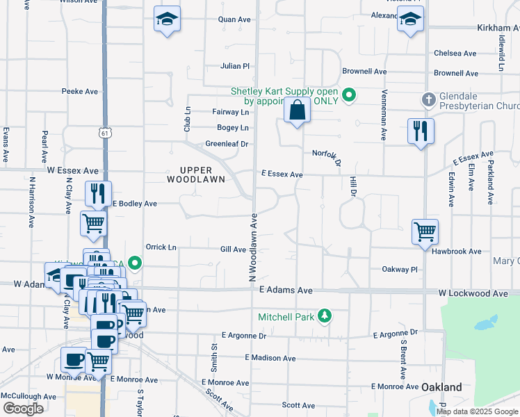 map of restaurants, bars, coffee shops, grocery stores, and more near 527 South Crescent Drive in Kirkwood